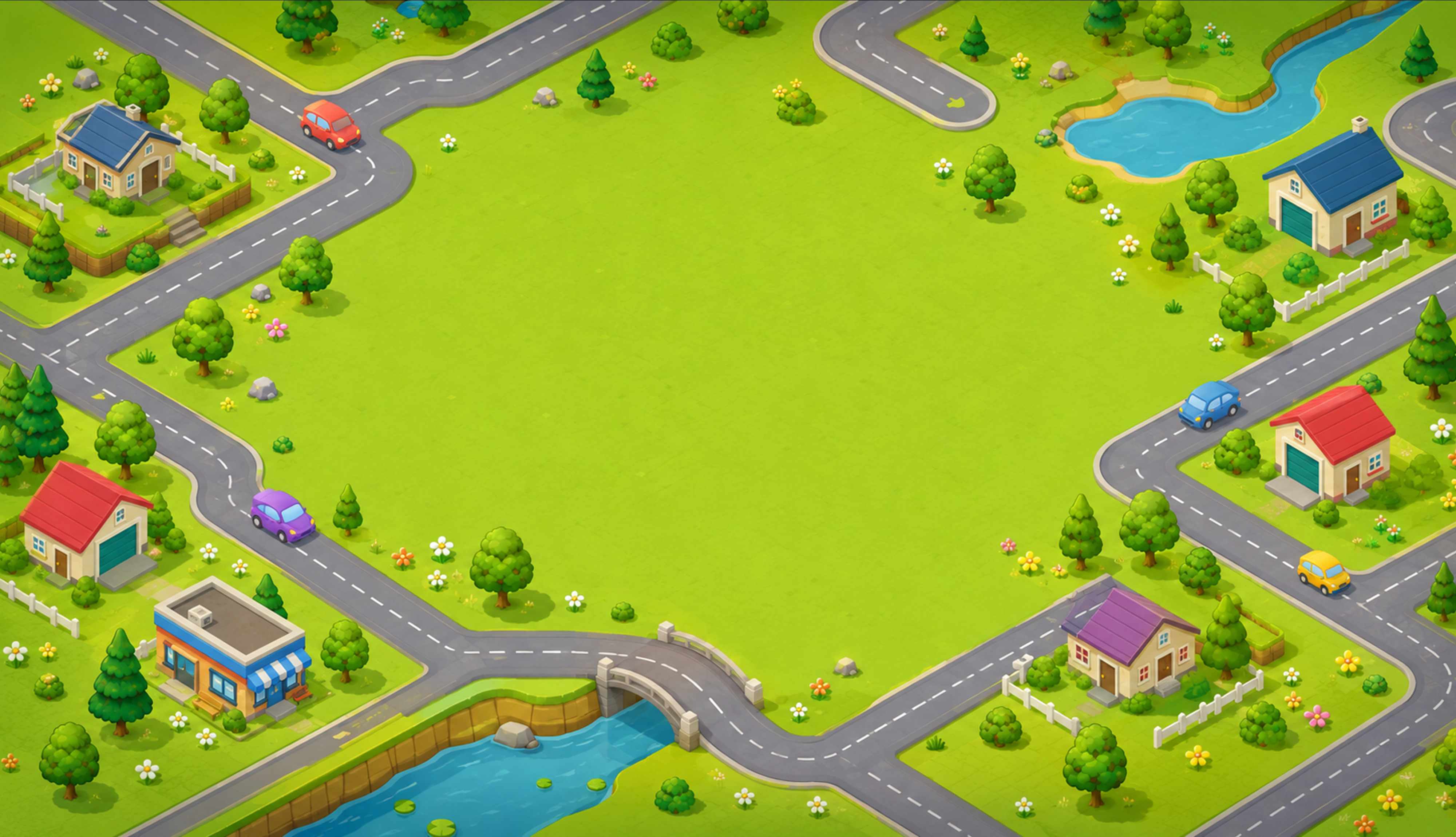 Top-down 3D city world with roads, houses, cars and trees